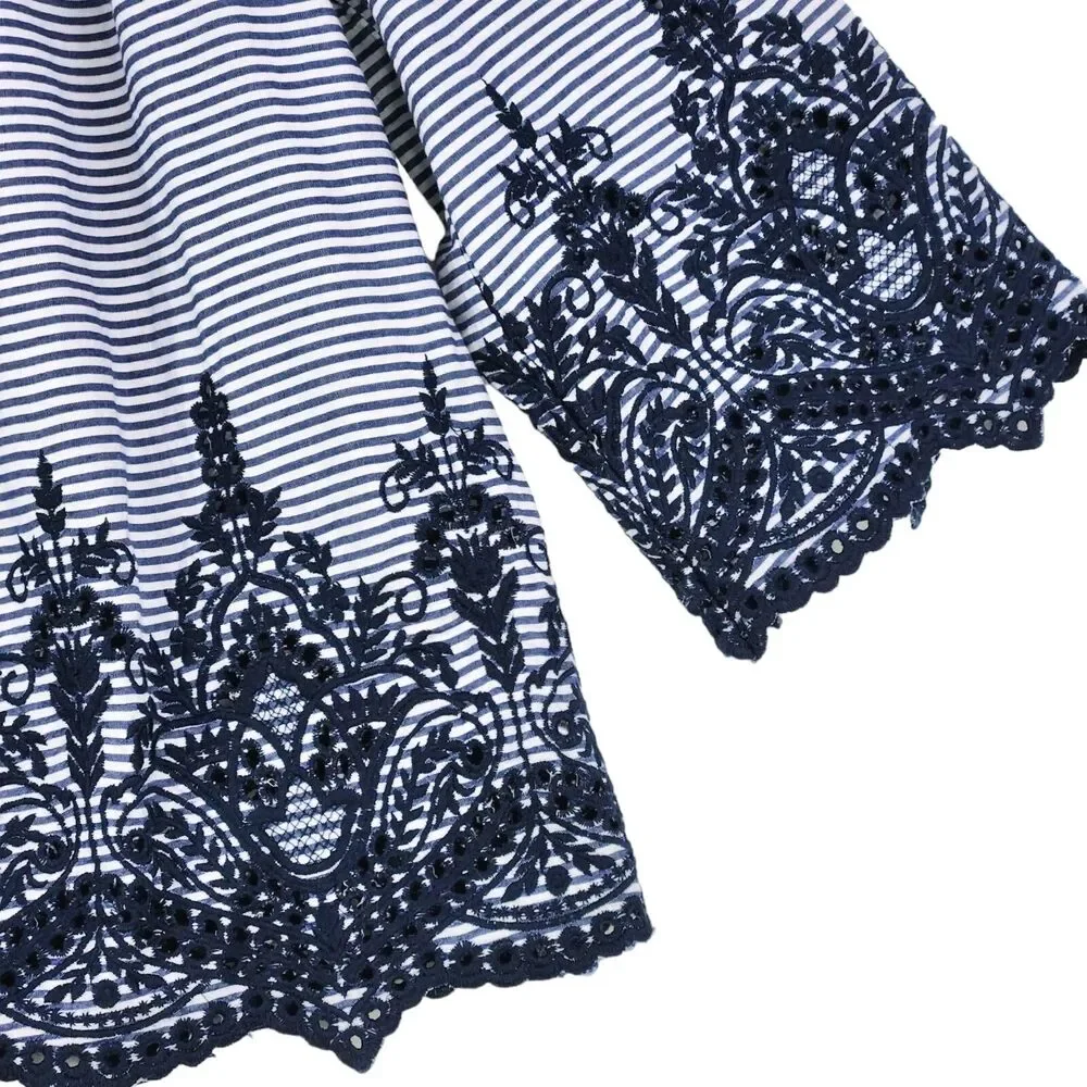 Fever Women's Navy Striped Blouse Large Embroidered Eyelets Boho Peasant Cottage